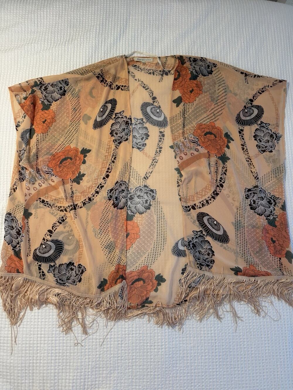 Daniel Rainn Kimono M/L Swimsuit Coverup Fringe Floral Orange Blue